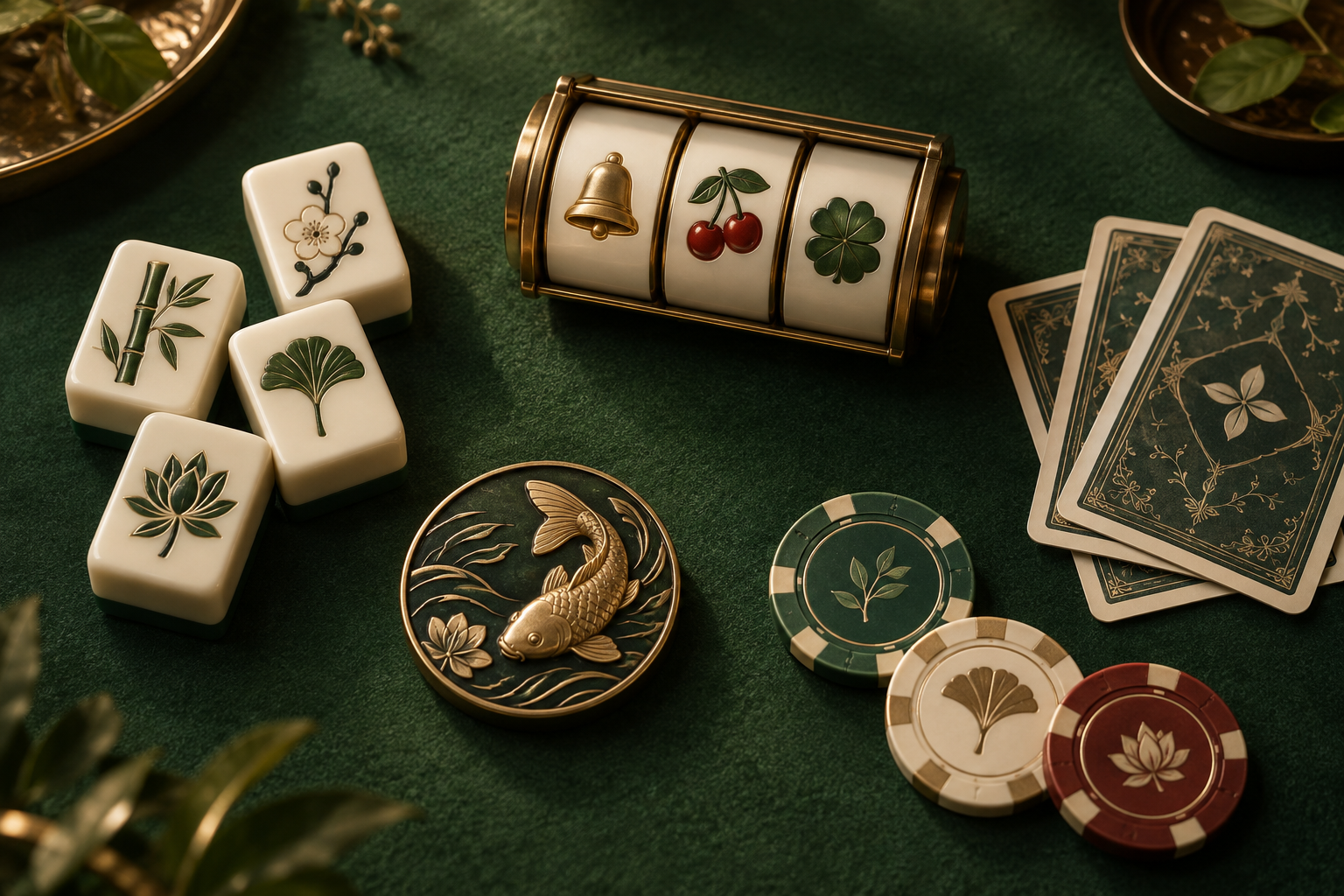 Koleksi permainan kasino dengan gulungan slot, kartu, mahjong, dan cip di meja hijau