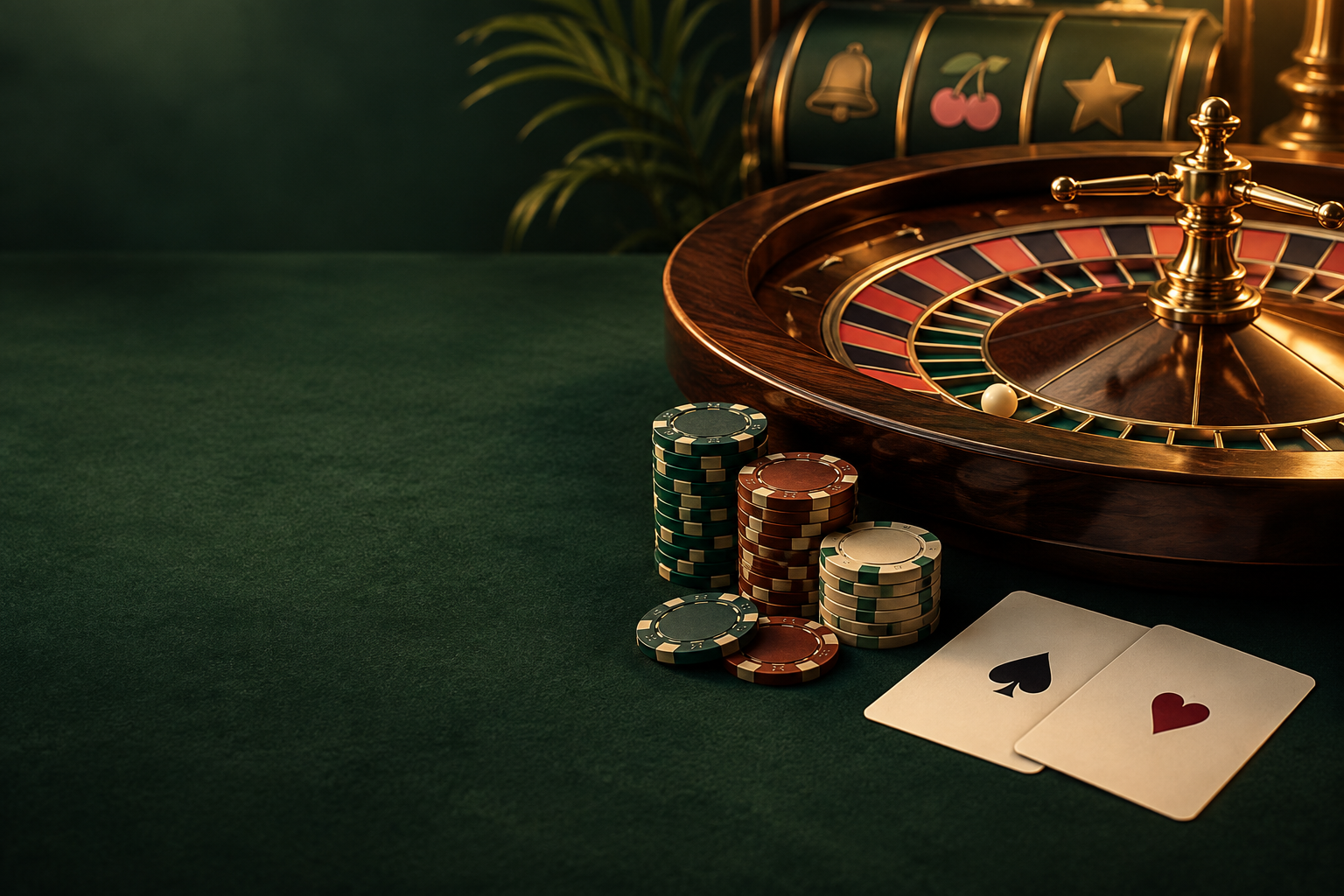 Roda roulette, kartu, dan tumpukan cip di meja kasino dengan cahaya hangat
